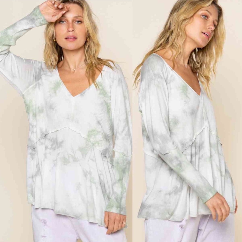 Tie Dye Long Sleeve V-Neck Ruffle Blouse Top